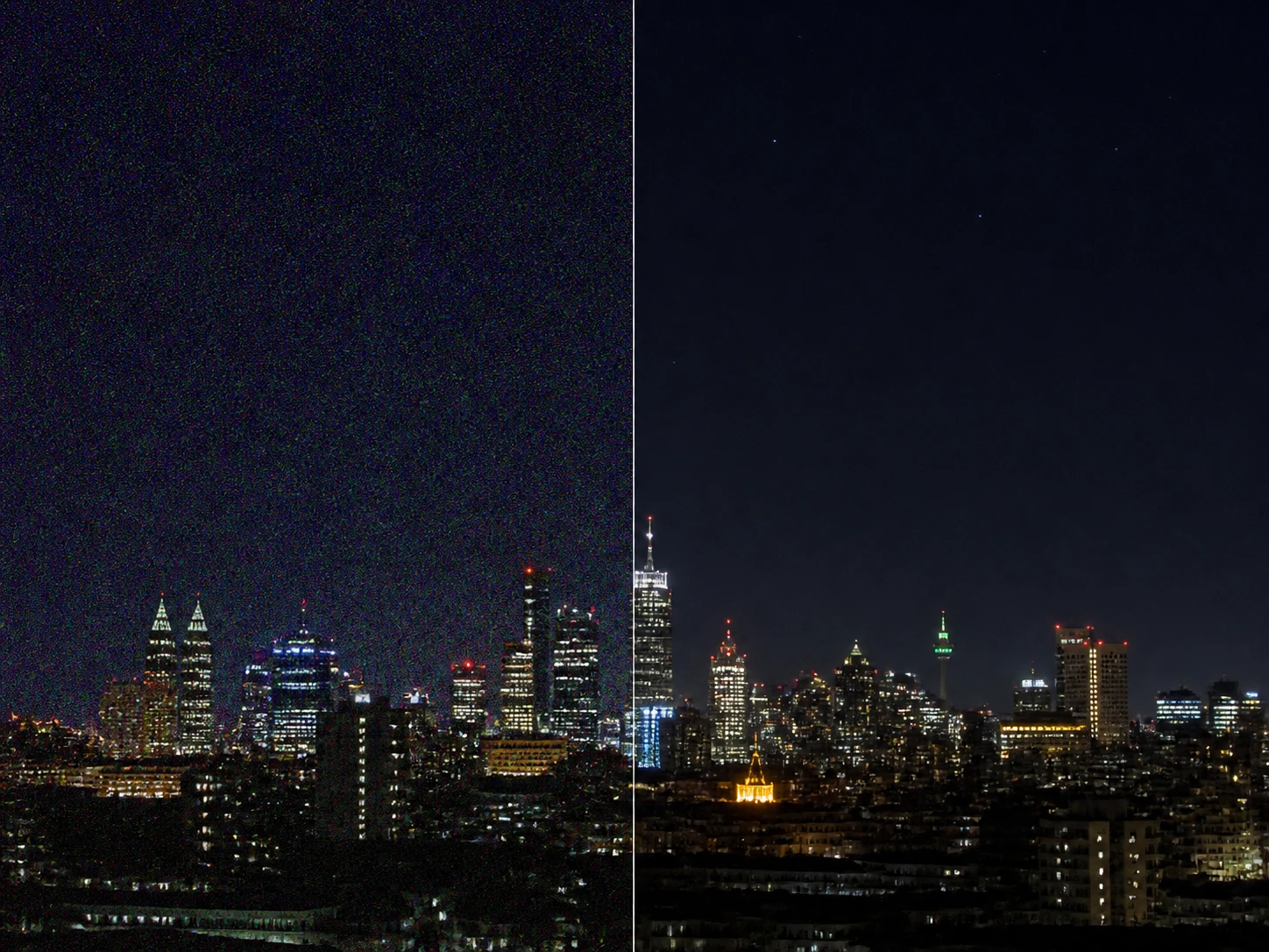 A high ISO night photo with speckle and blocky noise removed across a flat sky region
