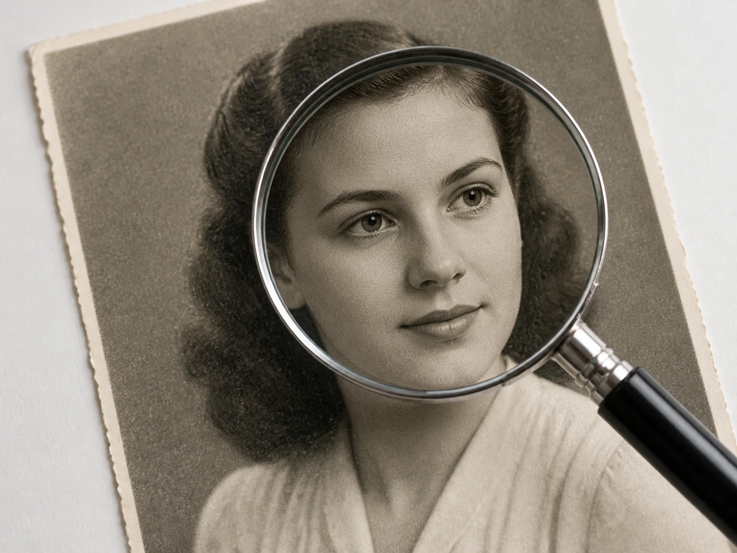 A grainy portrait photo upscaled toward 8K with skin texture returning at 100 percent zoom